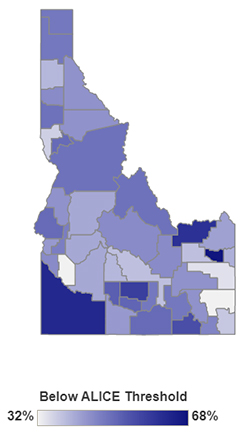 Map of Idaho counties with link to ALICE report for IIdaho
