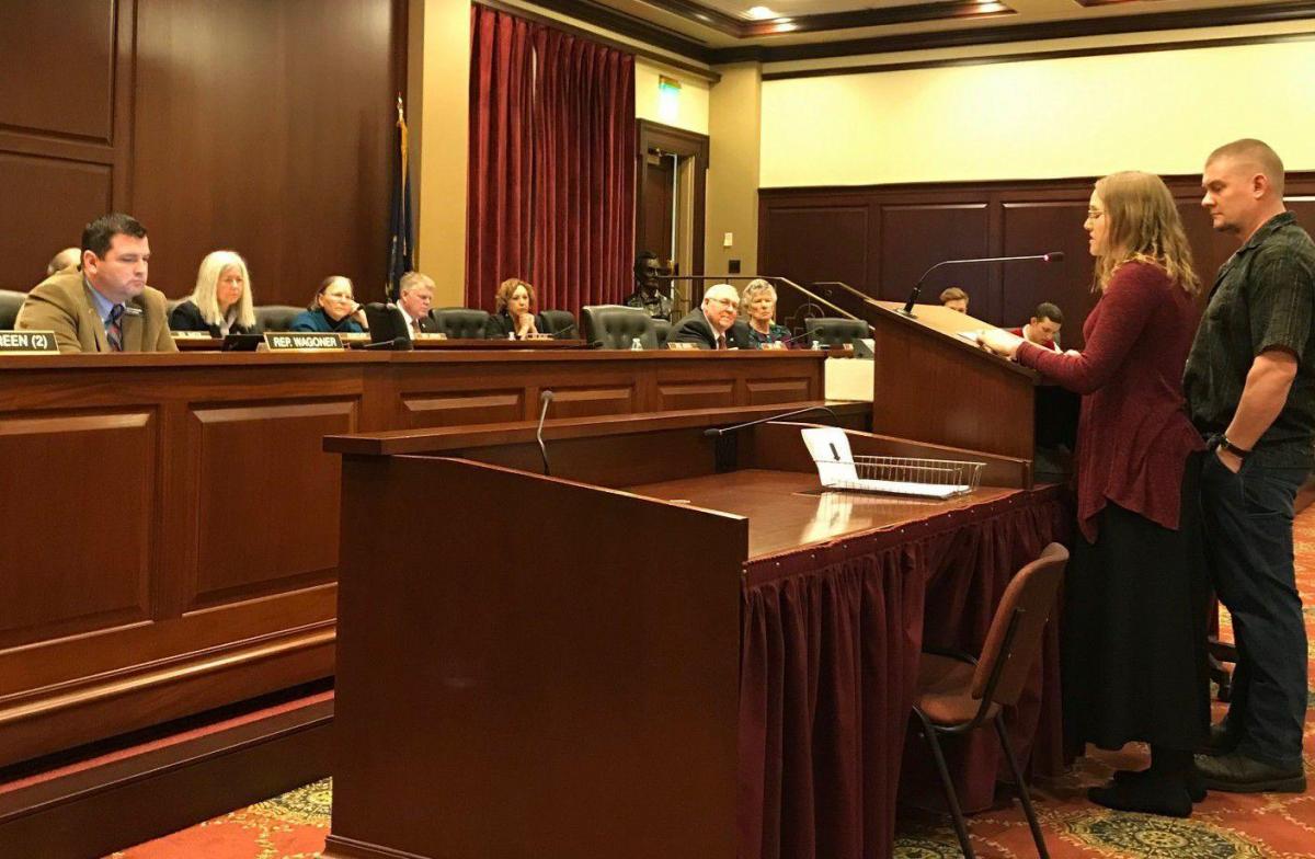 Jessica Rachels of Sandpoint, accompanied by husband Patrick, testifies to the House and Senate Health & Welfare committees at a public hearing on Friday, Feb. 8, 2019